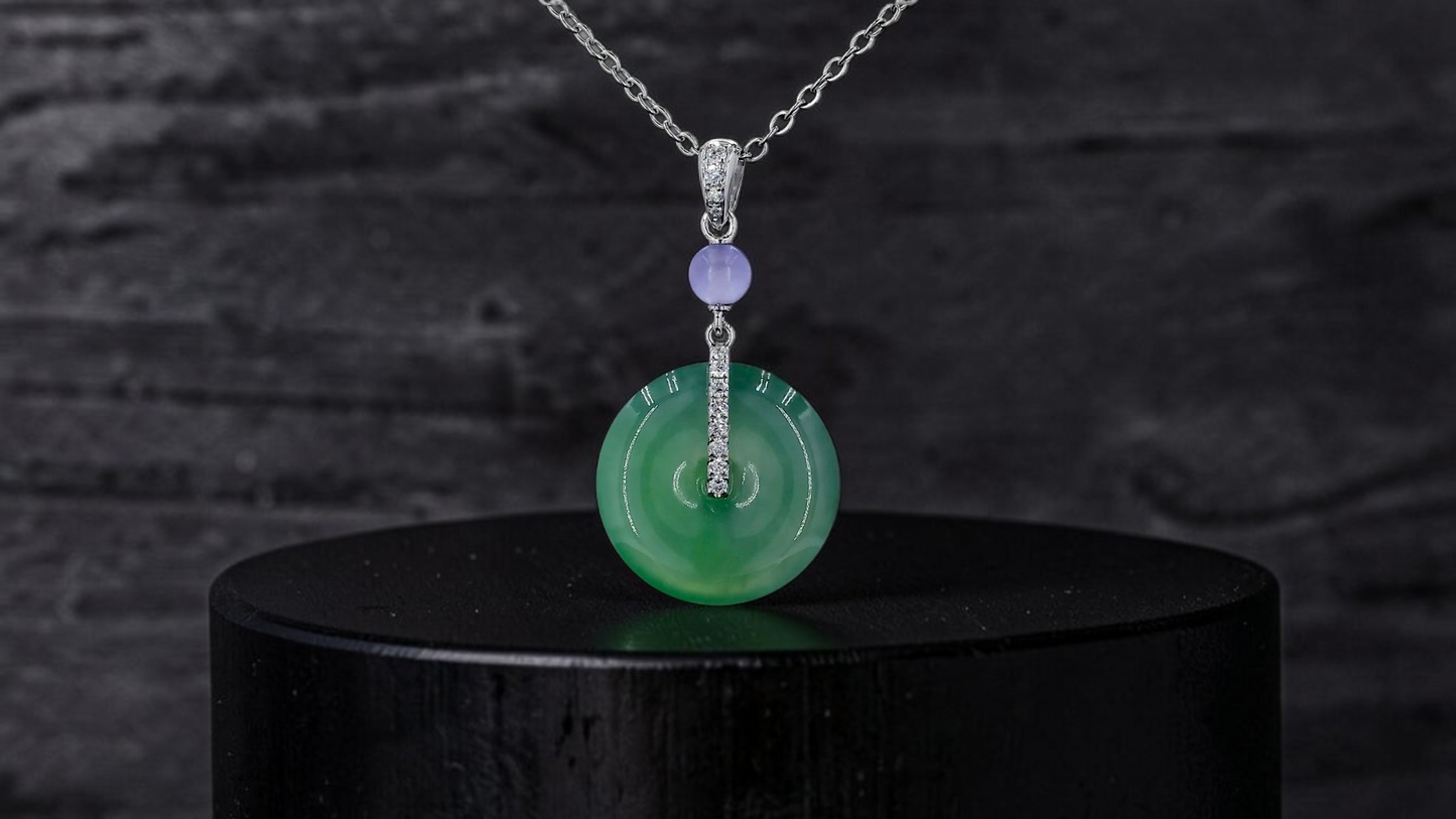 Nisshin Round Icy Green and Lavender Burmese A-Jadeite 16.80 mm Donut Charm Pendant (with 18K White Gold and White Diamonds) - Certified