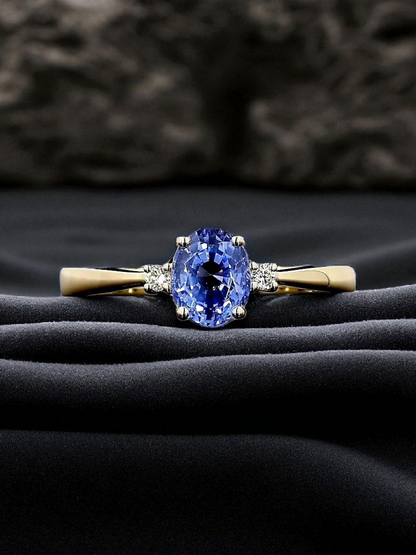 Certified Kyoto Oval Shaped 1.17 cts. No Heat Natural Blue Sapphire Ring with 14K Yellow Gold and White Diamonds Size US 6.5  - R7