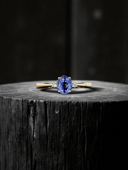 Certified Kyoto Oval Shaped 1.17 cts. No Heat Natural Blue Sapphire Ring with 14K Yellow Gold and White Diamonds Size US 6.5  - R7