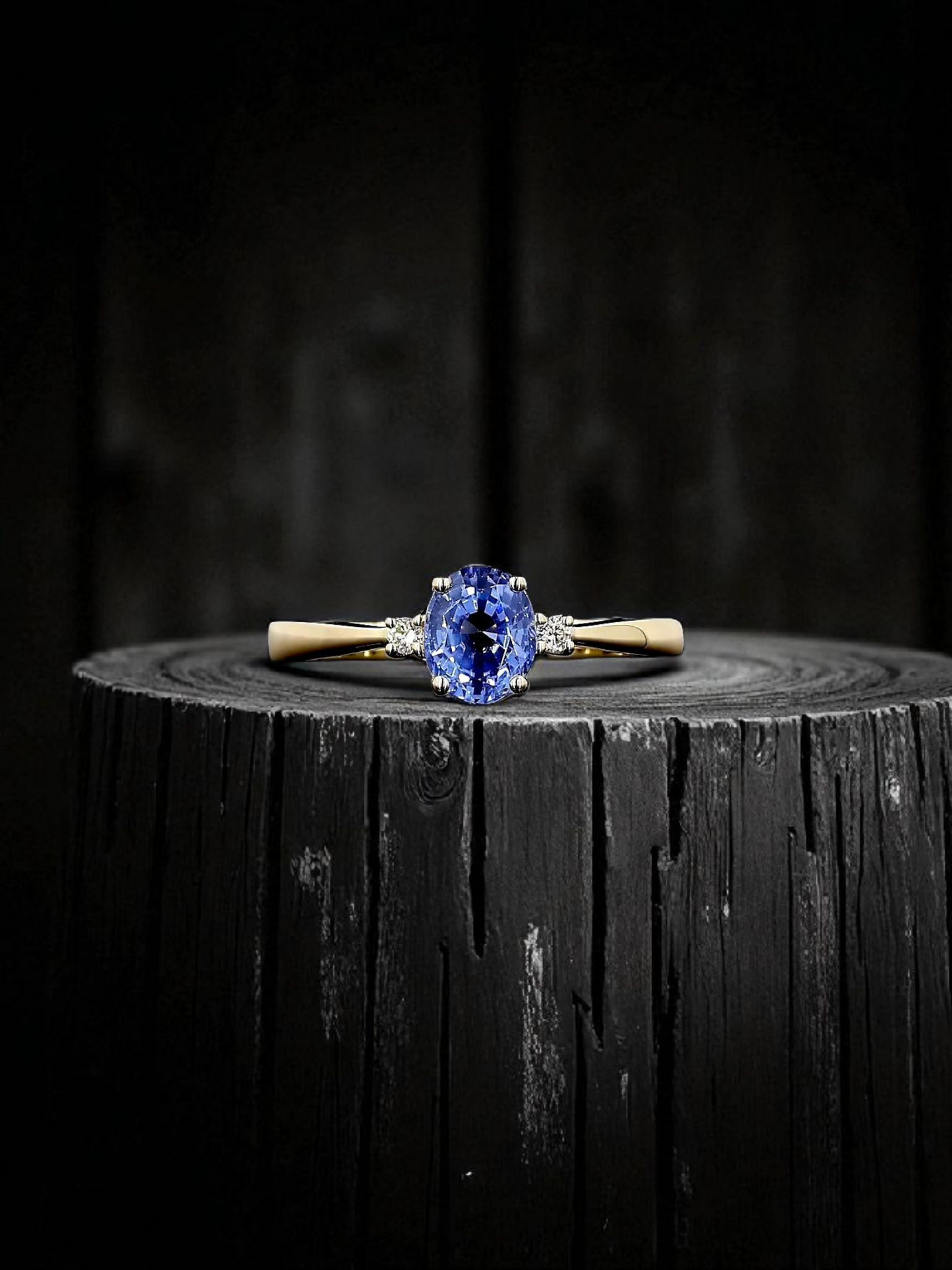 Certified Kyoto Oval Shaped 1.17 cts. No Heat Natural Blue Sapphire Ring with 14K Yellow Gold and White Diamonds Size US 6.5  - R7