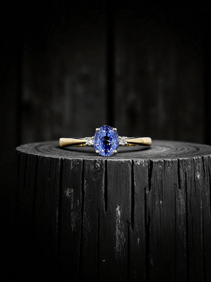 Certified Kyoto Oval Shaped 1.17 cts. No Heat Natural Blue Sapphire Ring with 14K Yellow Gold and White Diamonds Size US 6.5  - R7