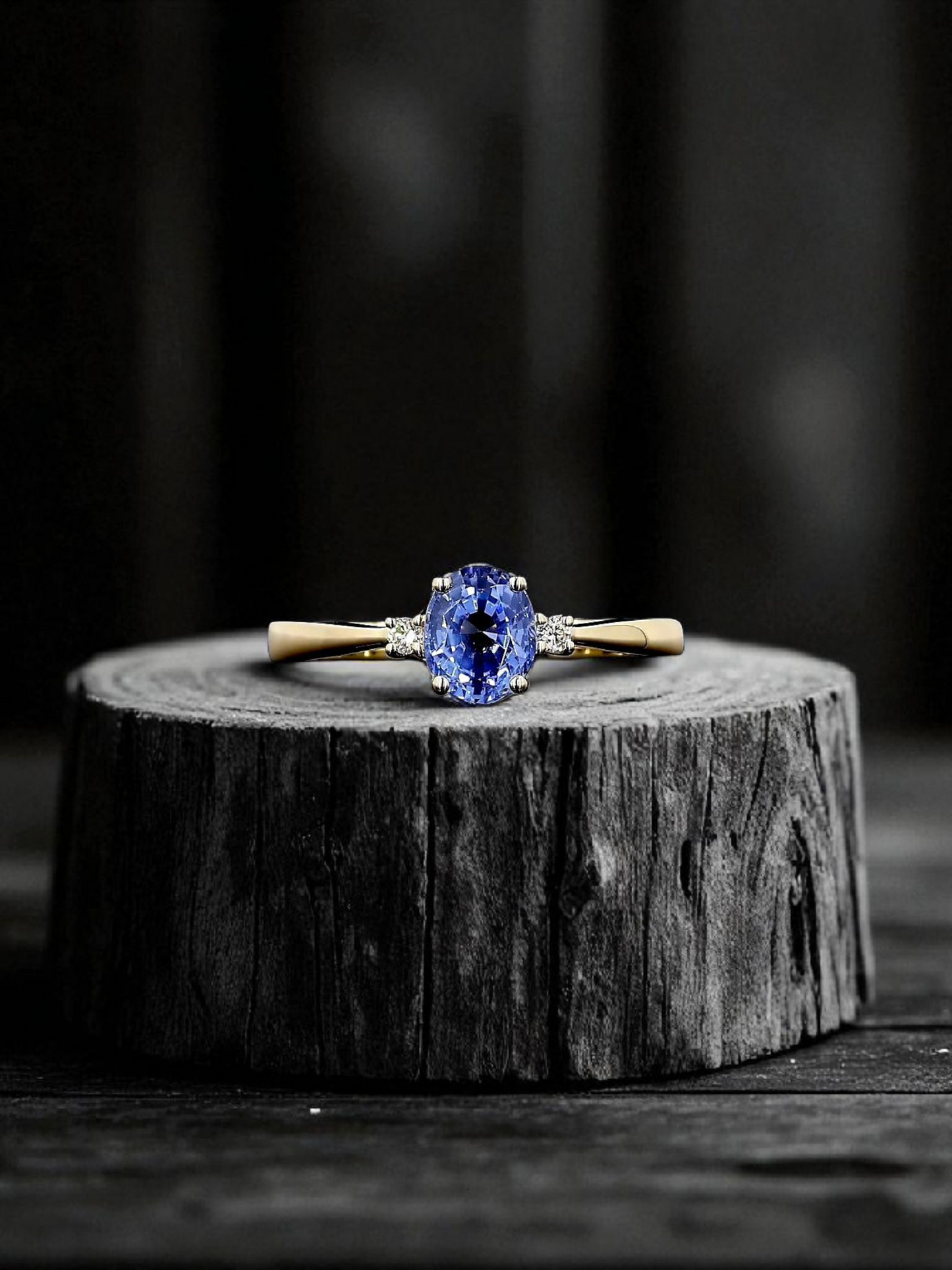 Certified Kyoto Oval Shaped 1.17 cts. No Heat Natural Blue Sapphire Ring with 14K Yellow Gold and White Diamonds Size US 6.5  - R7