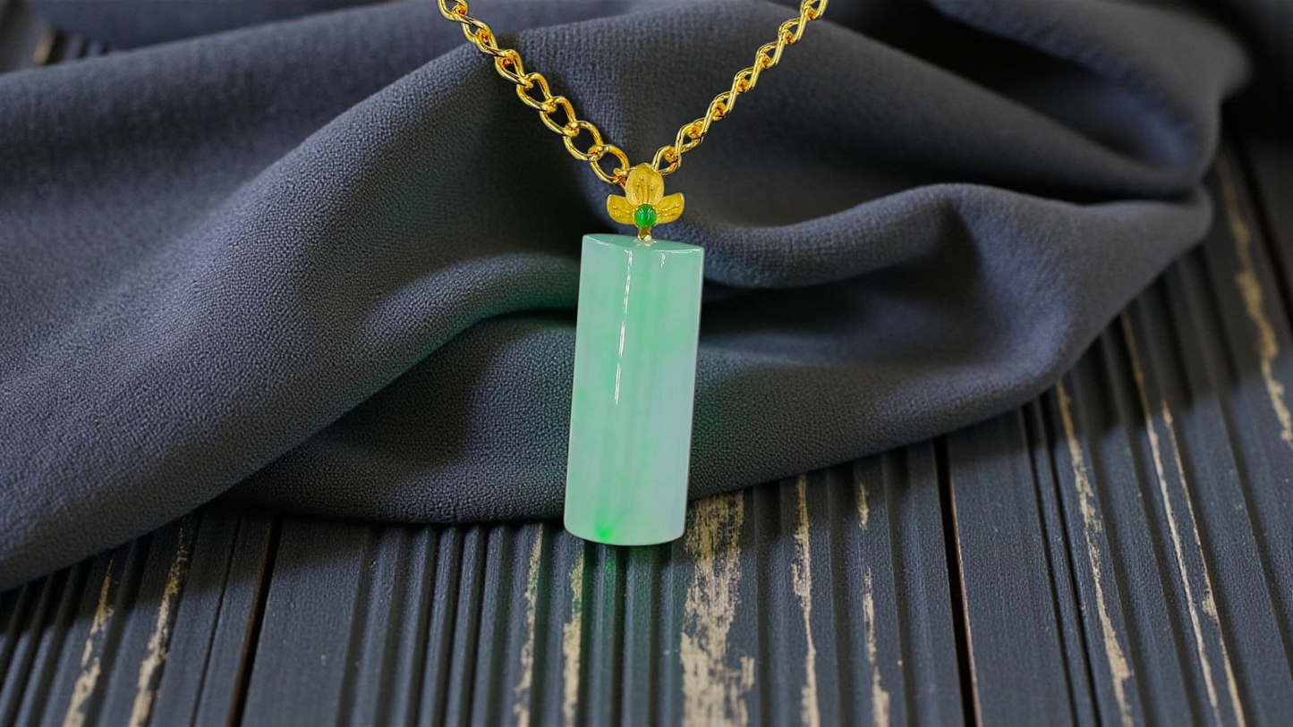 Marugame (MADE IN JAPAN) Crescent Tube Burmese A-Jadeite Charm Pendant (with 18K Solid Yellow Gold) - Certified - V2