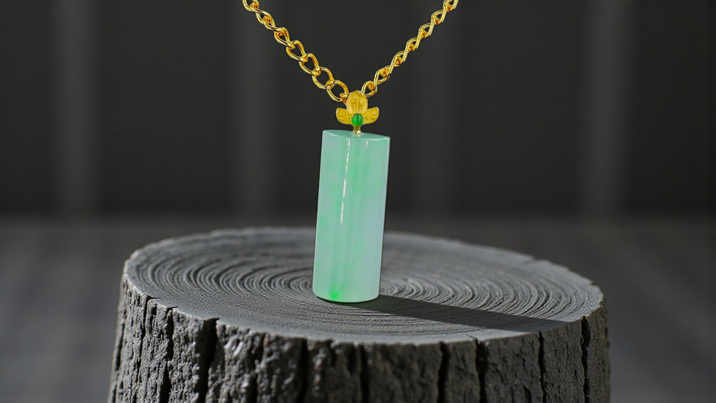 Marugame (MADE IN JAPAN) Crescent Tube Burmese A-Jadeite Charm Pendant (with 18K Solid Yellow Gold) - Certified - V2