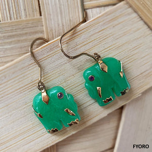 Shanghainese Jade Elephant & Ruby Accent Earrings (with 14K Gold)