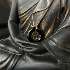 Lantau Zhong Onyx Fu Fuku Fortune Pendant (with 14K Gold)