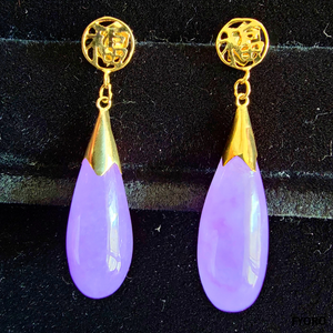 Fu Fuku Fortune (Purple) Jade Long Drop Earrings with 14K Gold
